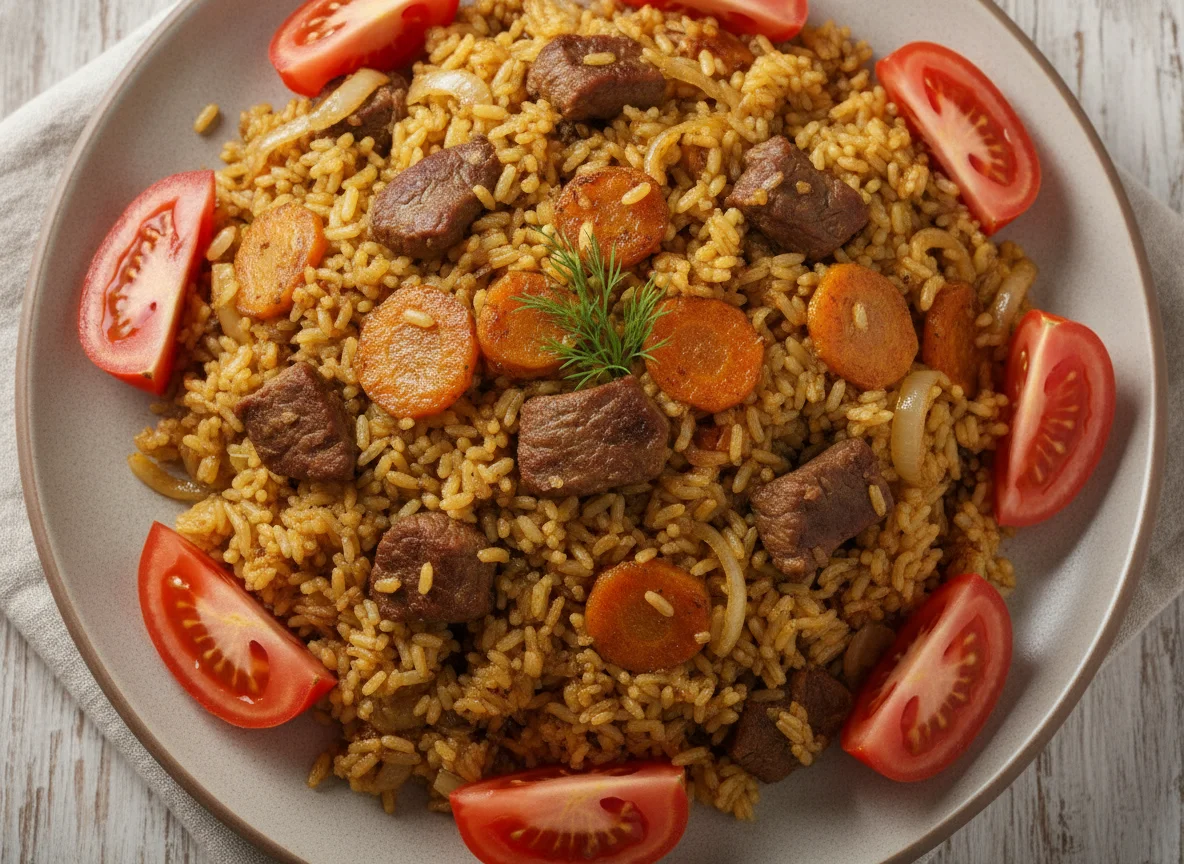 Плов с говядиной и свежими помидорами photo