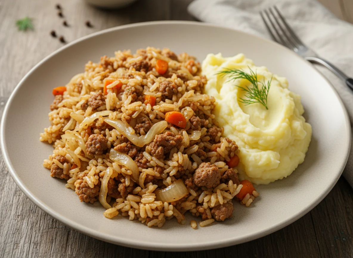 Плов с капустой и картофельным пюре photo