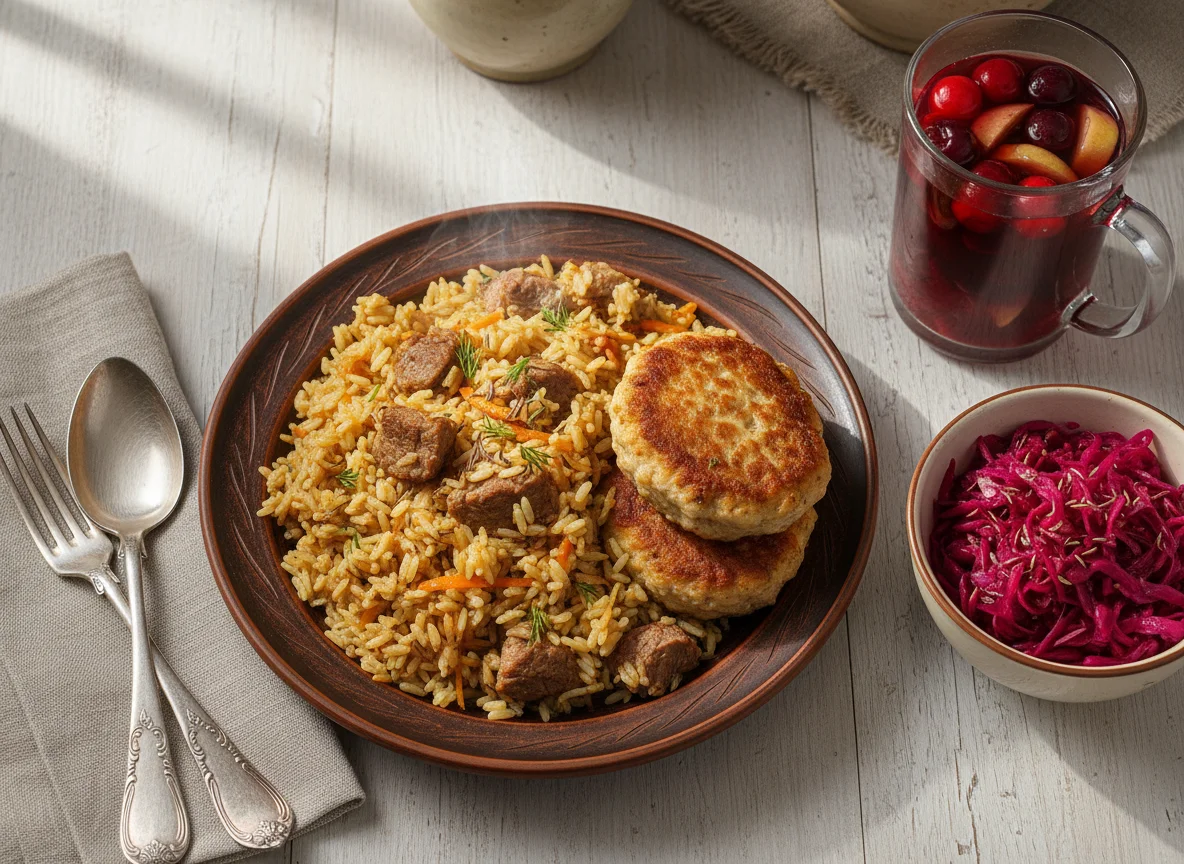 Плов с котлетами, маринованная капуста и компот photo