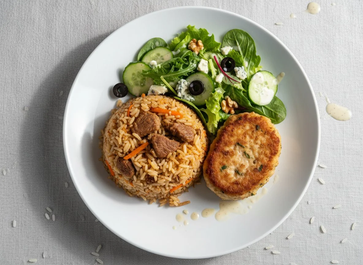 Плов с котлетой и салат photo