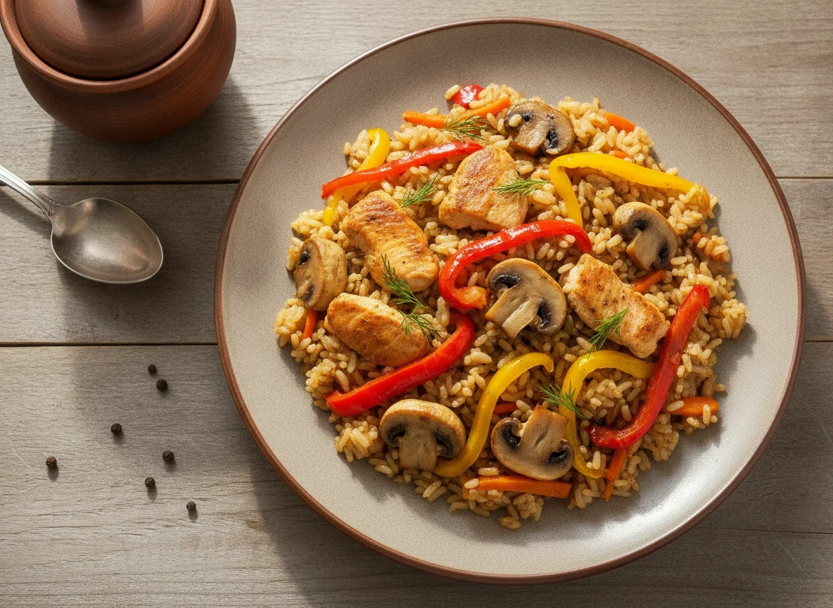 Плов с курицей, грибами и овощами photo