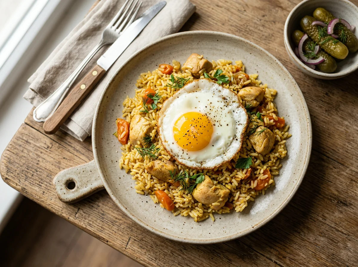 Плов с курицей и яичницей photo