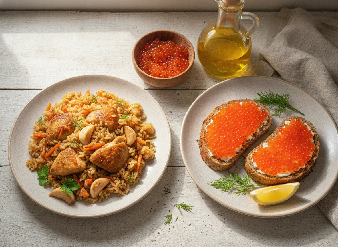 Плов с курицей и хлеб с икрой photo
