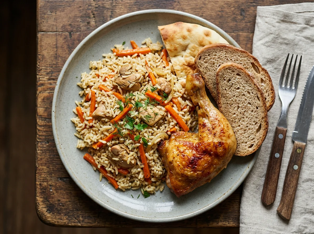 Плов с курицей и хлебом photo