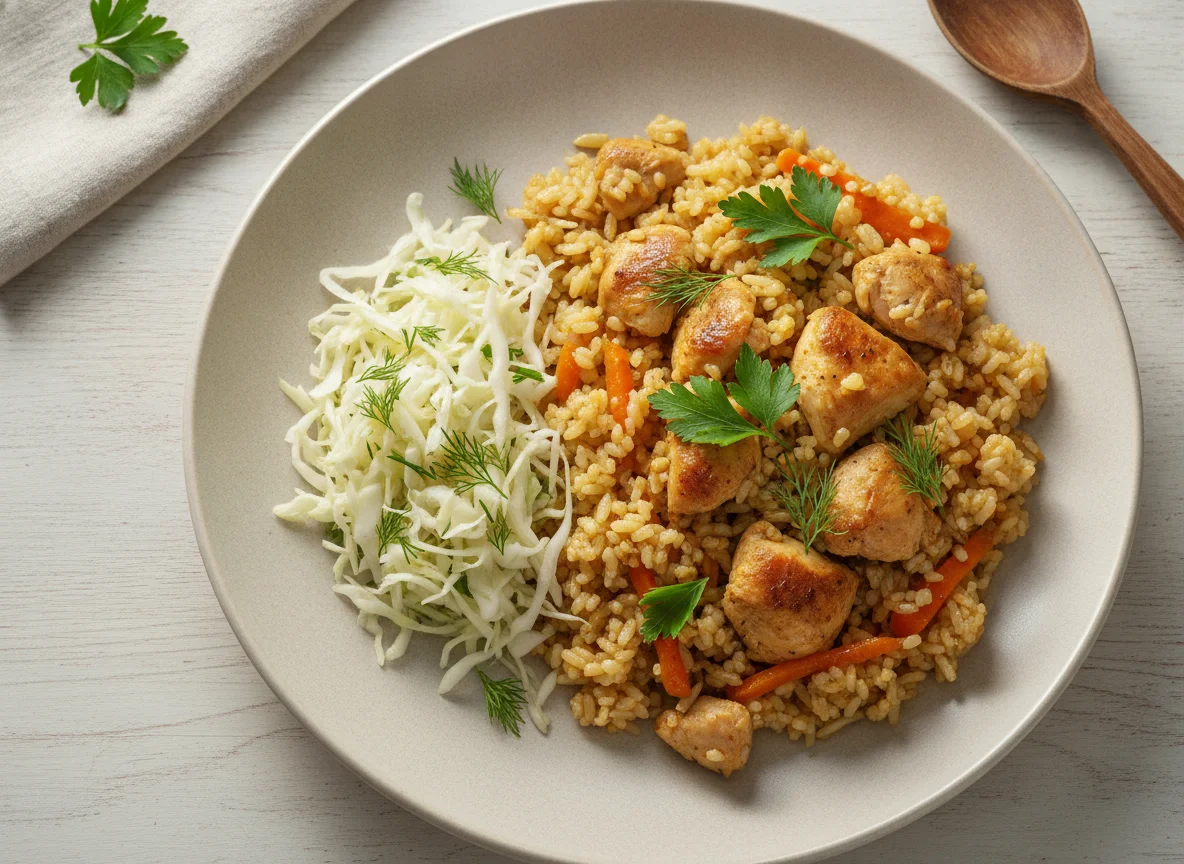 Плов с курицей и капустным салатом photo