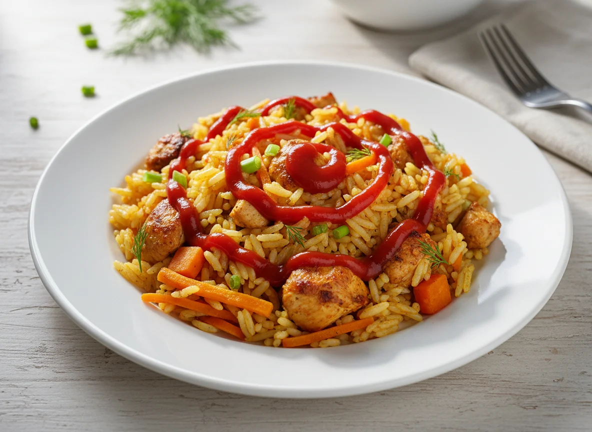 Плов с курицей и кетчупом photo