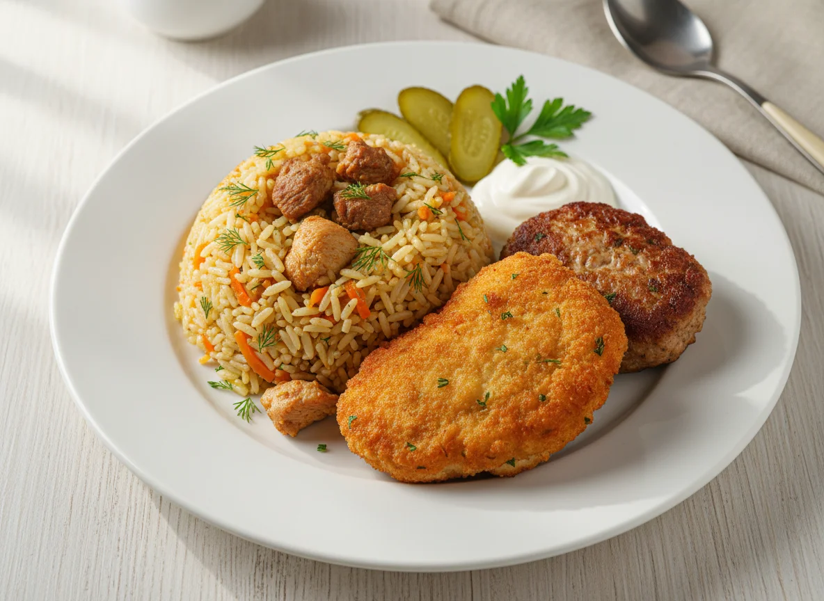 Плов с курицей и котлетой photo