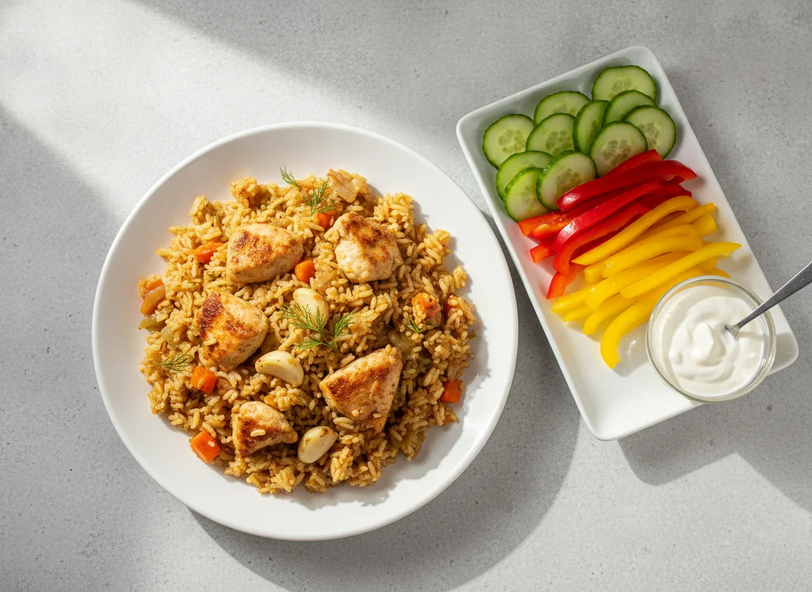Плов с курицей и овощная нарезка photo