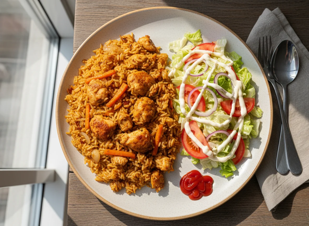 Плов с курицей и овощной салат photo