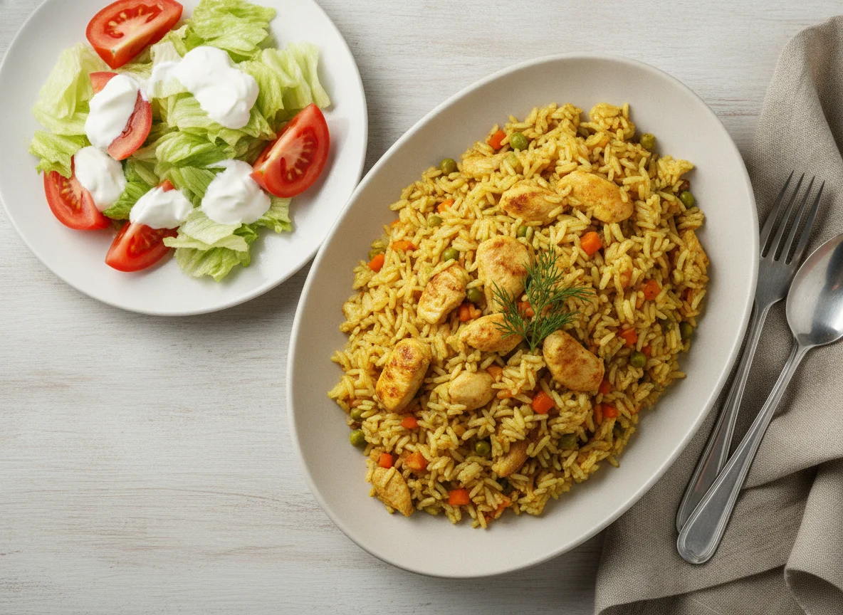 Плов с курицей и овощной салат со сметаной photo
