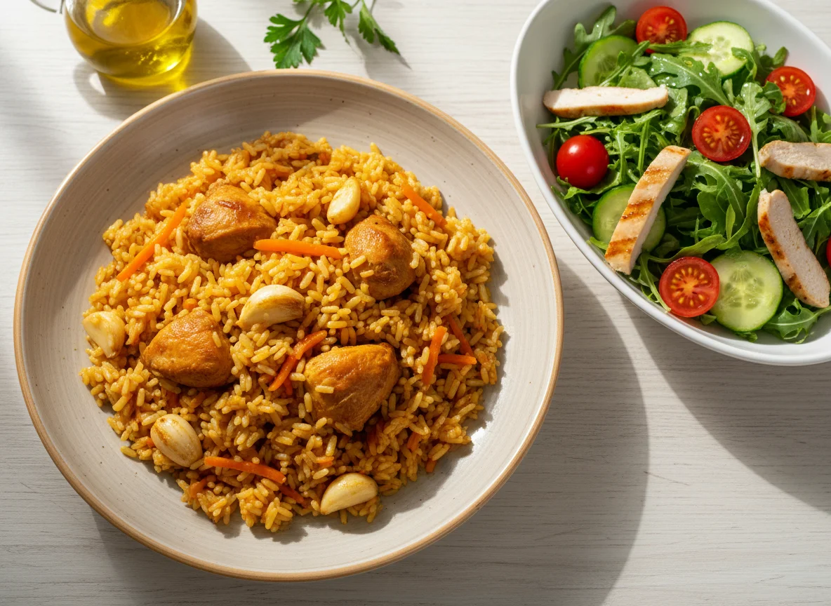 Плов с курицей и салат photo