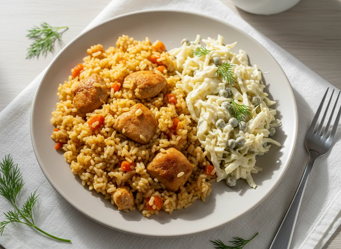 Плов с курицей и салат из капусты photo