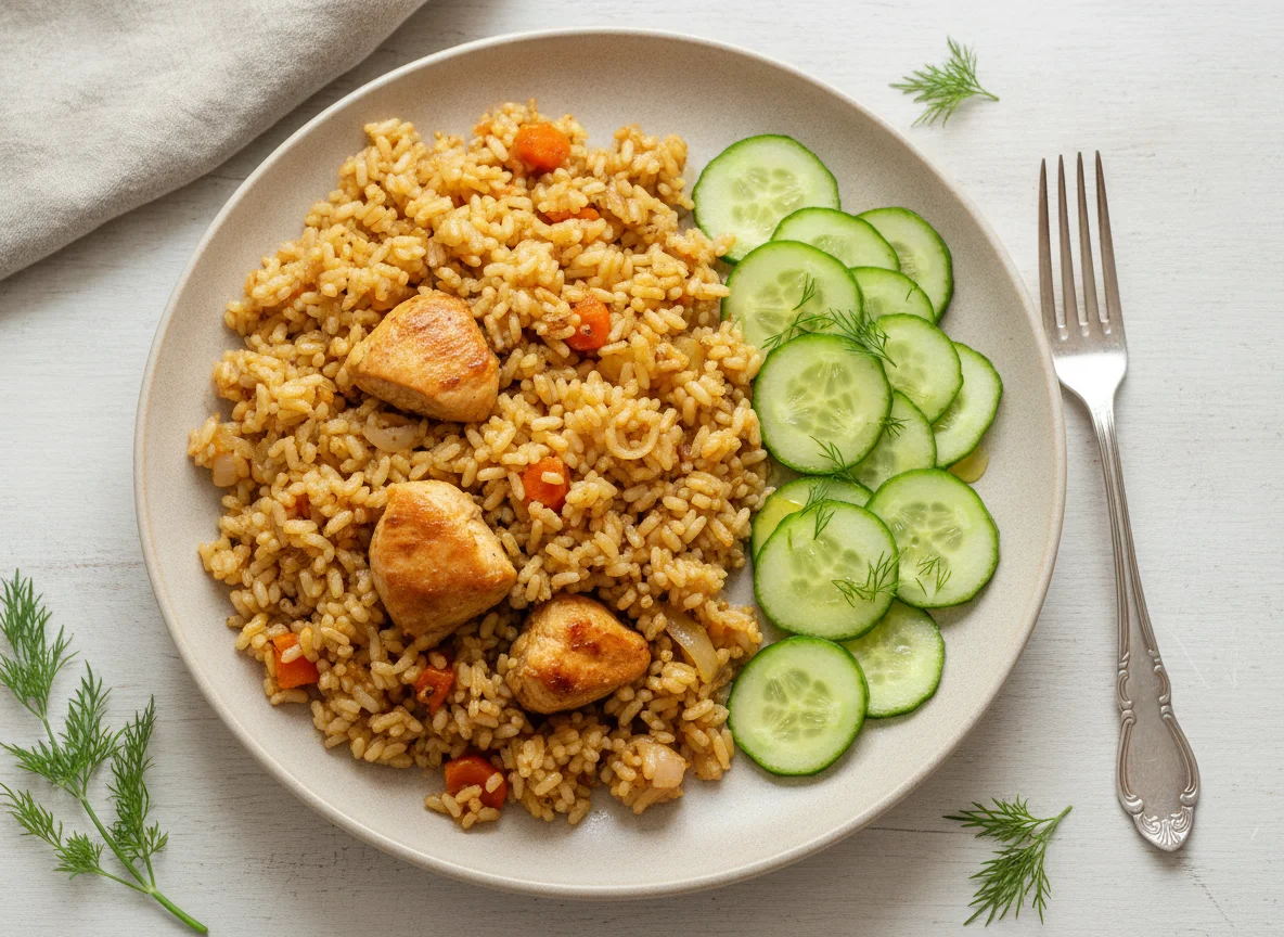 Плов с курицей и салат из огурцов photo