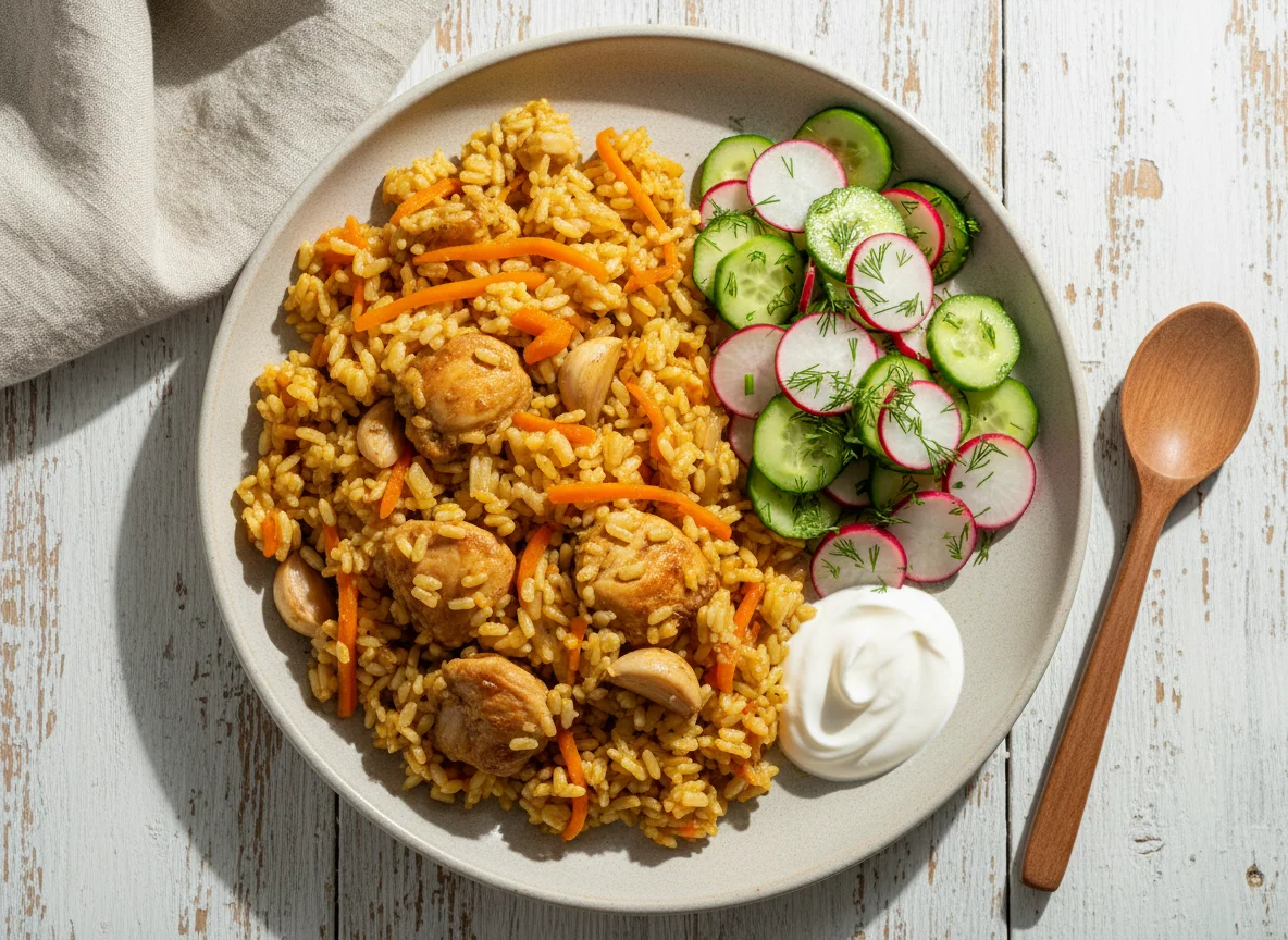 Плов с курицей и салат из редиса и огурцов photo