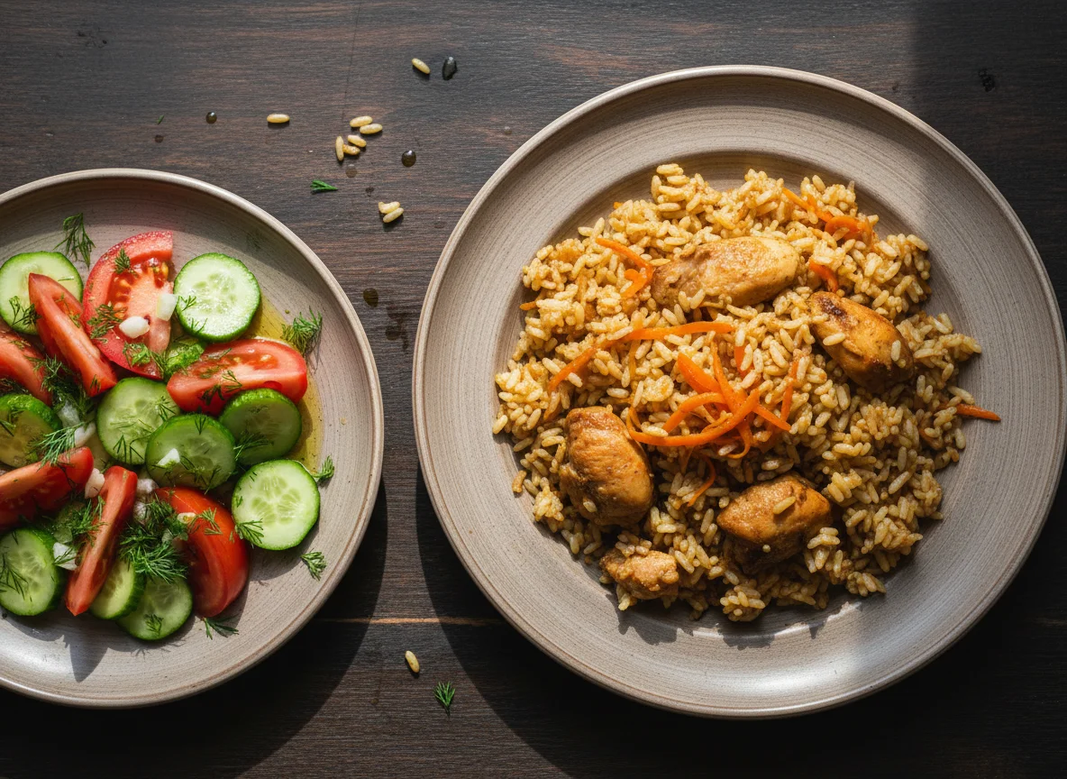 Плов с курицей и салат из свежих овощей photo