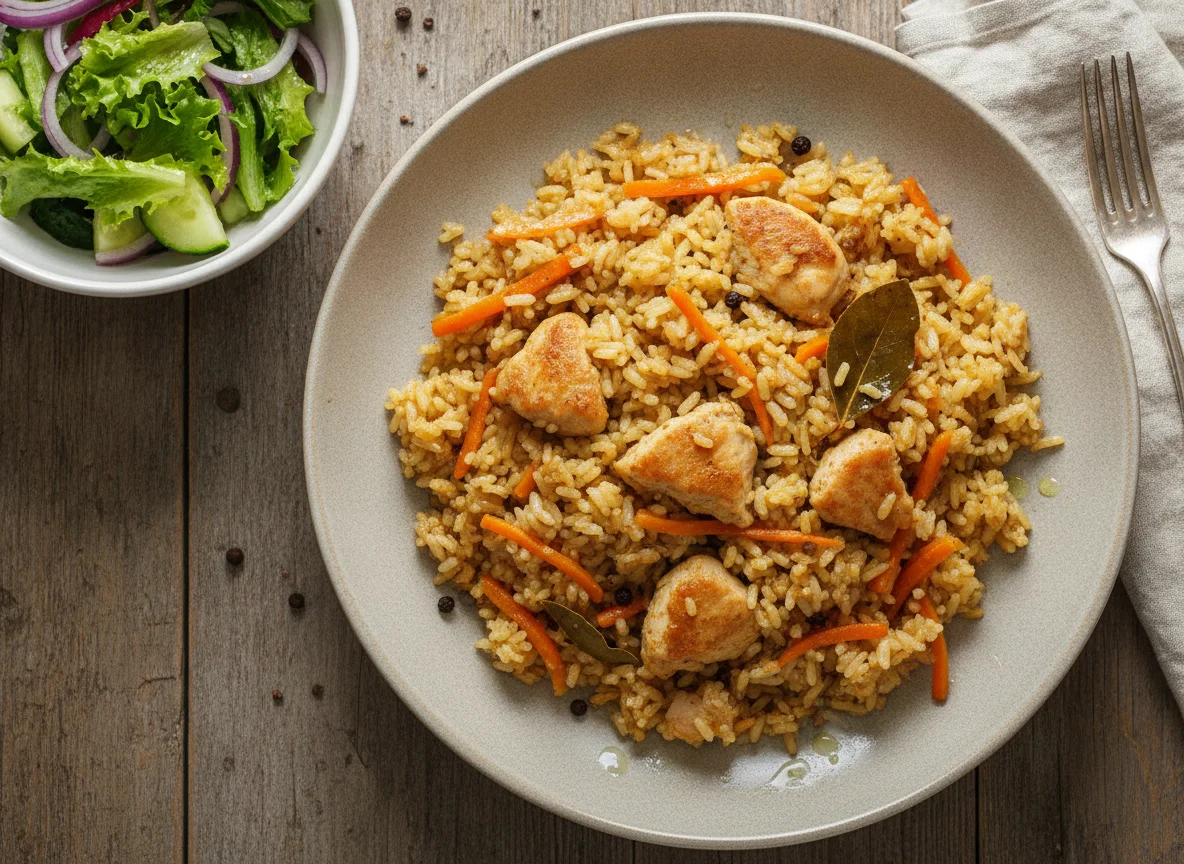 Плов с курицей и свежий салат photo
