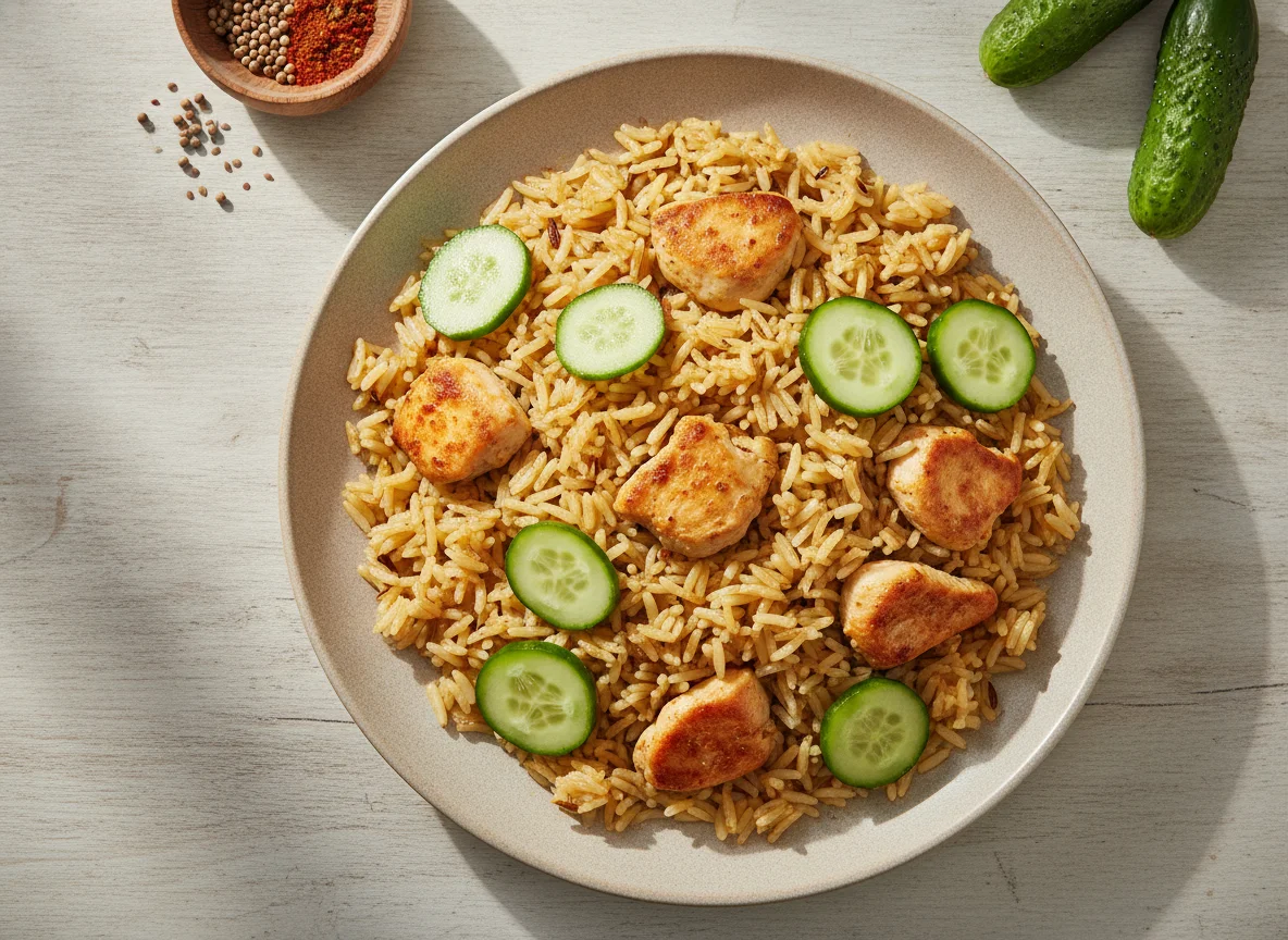 Плов с курицей и свежими огурцами photo