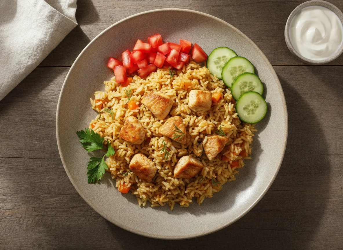 Плов с курицей и свежими овощами photo
