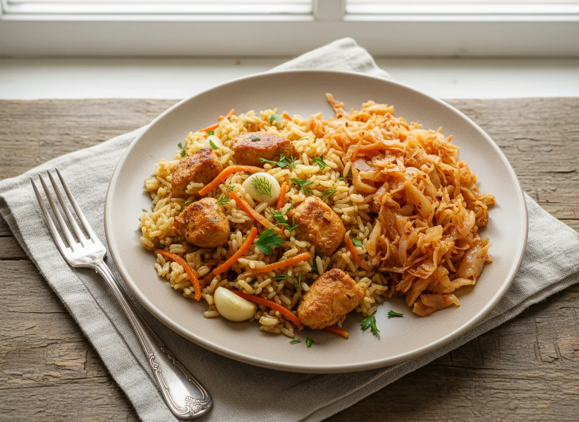 Плов с курицей и тушеная капуста photo