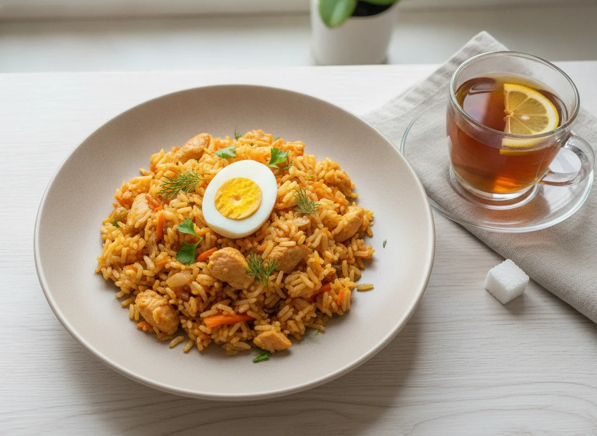 Плов с курицей и вареным яйцом photo