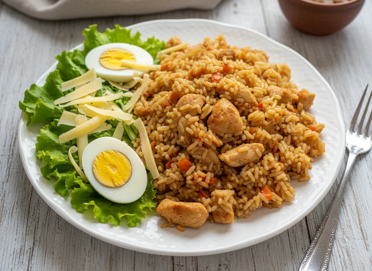 Плов с курицей, салатными листьями, яйцом и сыром photo