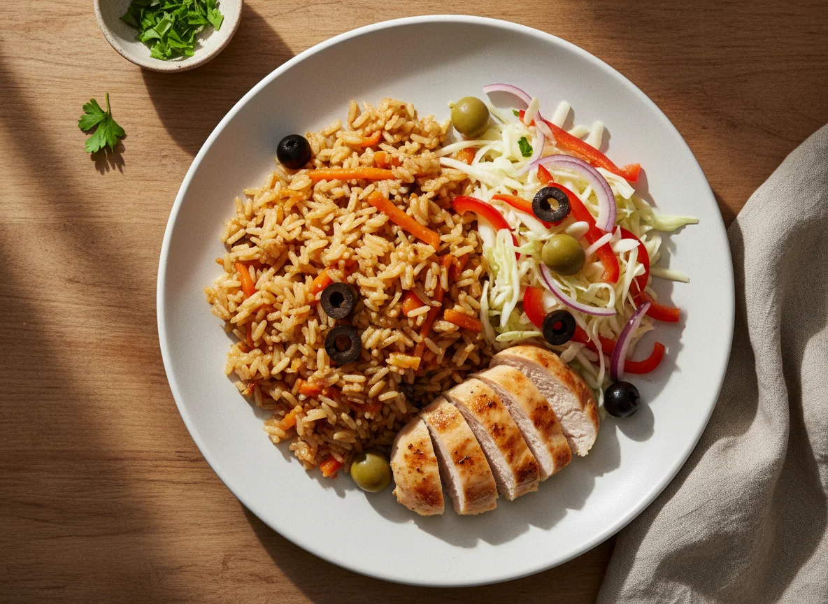 Плов с курицей, салатом и оливками photo