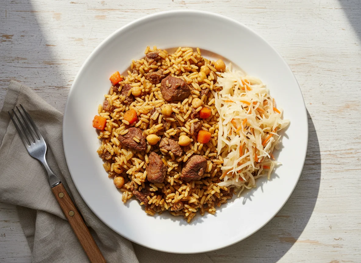 Плов с мясом и квашеная капуста photo