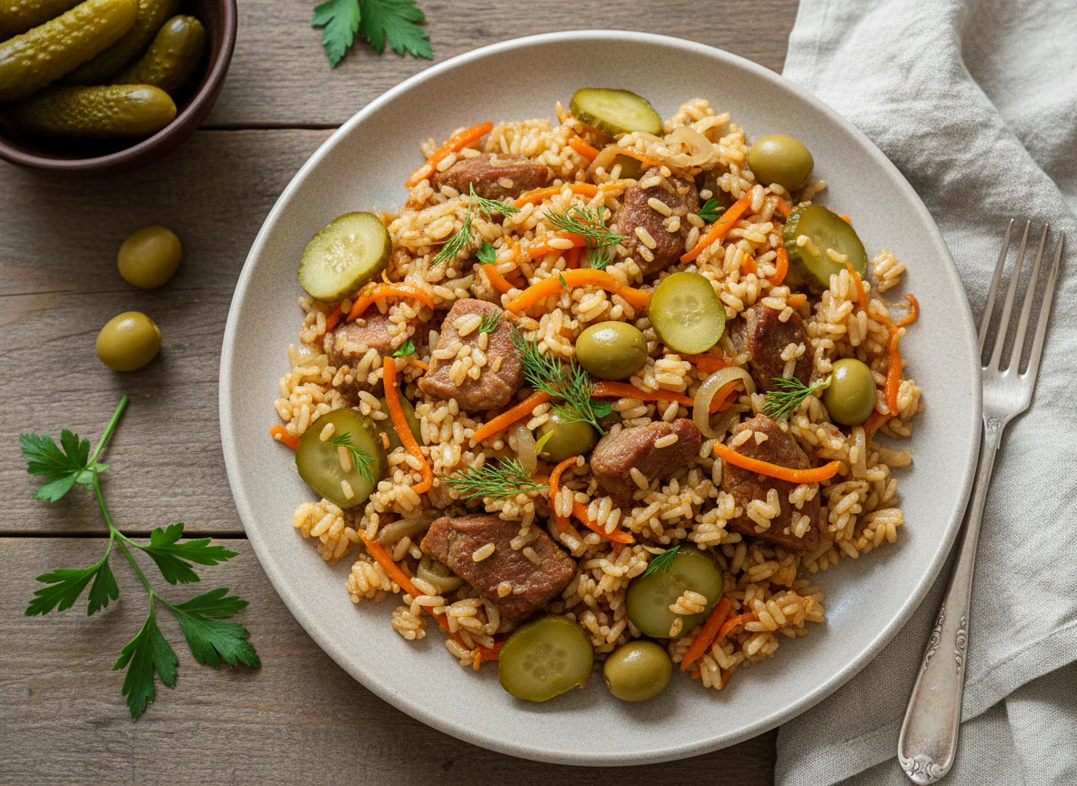 Плов с мясом и маринованными огурцами photo