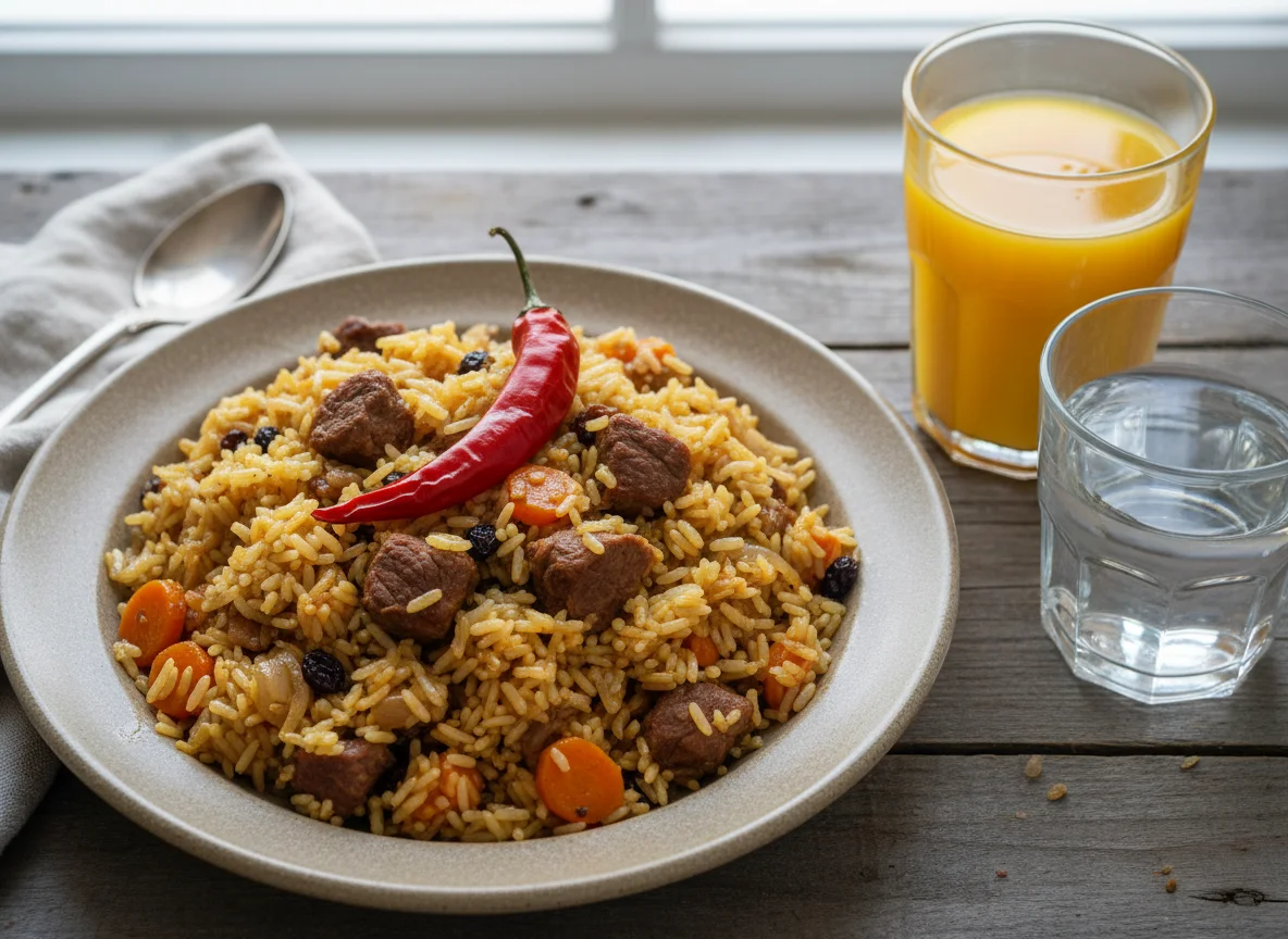 Плов с мясом и овощами, апельсиновый сок и вода photo