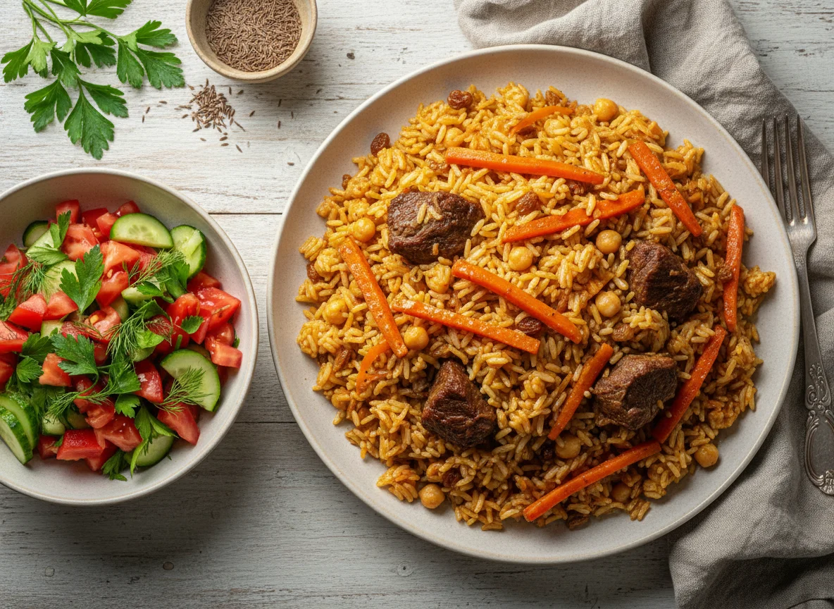 Плов с мясом и овощной салат photo