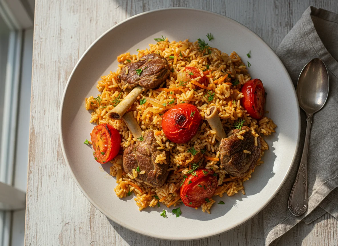 Плов с мясом и помидорами photo