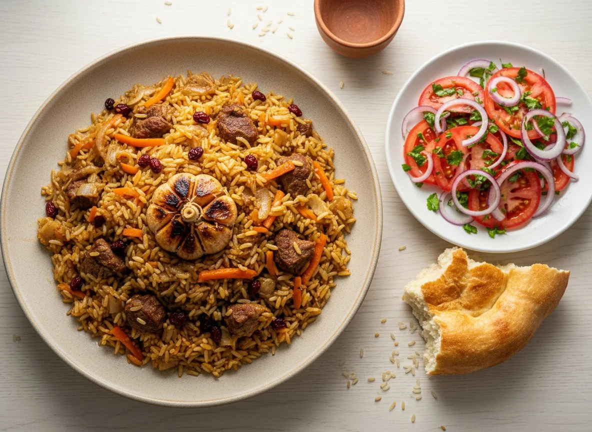 Плов с мясом и салат Ачичук photo