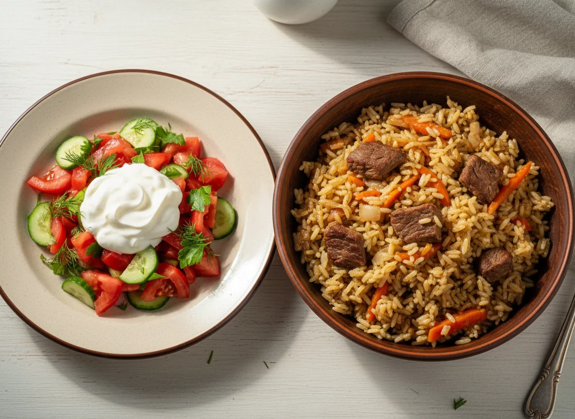 Плов с мясом и салат из свежих овощей со сметаной photo