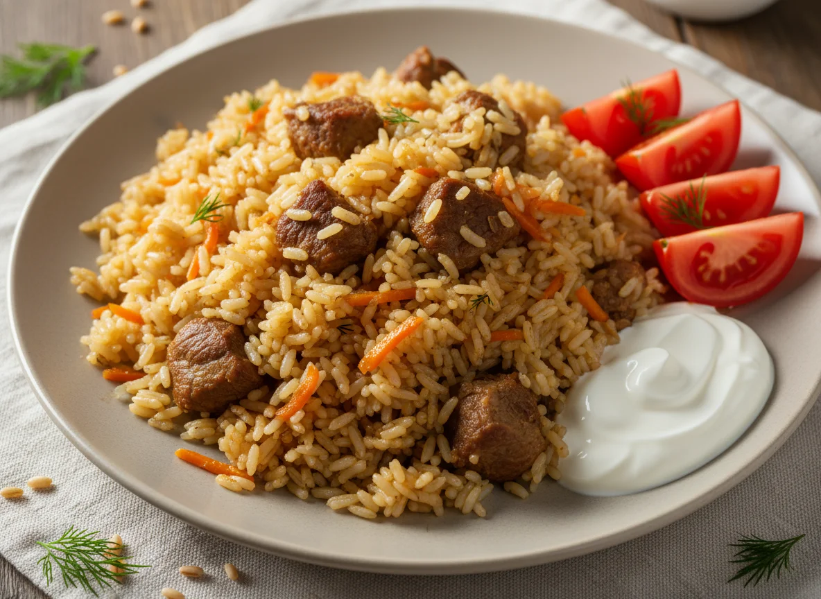 Плов с мясом, помидорами и сметаной photo