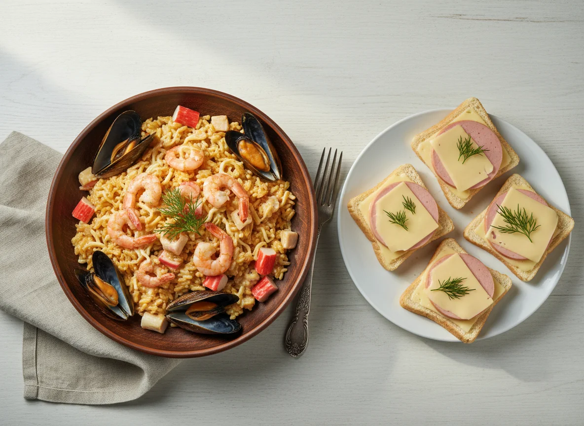 Плов с морепродуктами и бутерброды с колбасой и сыром photo