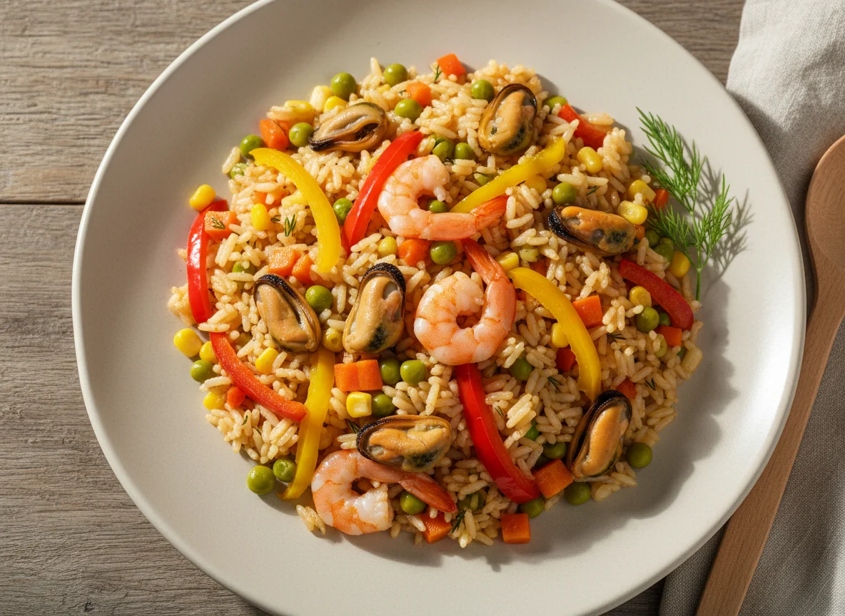 Плов с морепродуктами и овощами photo