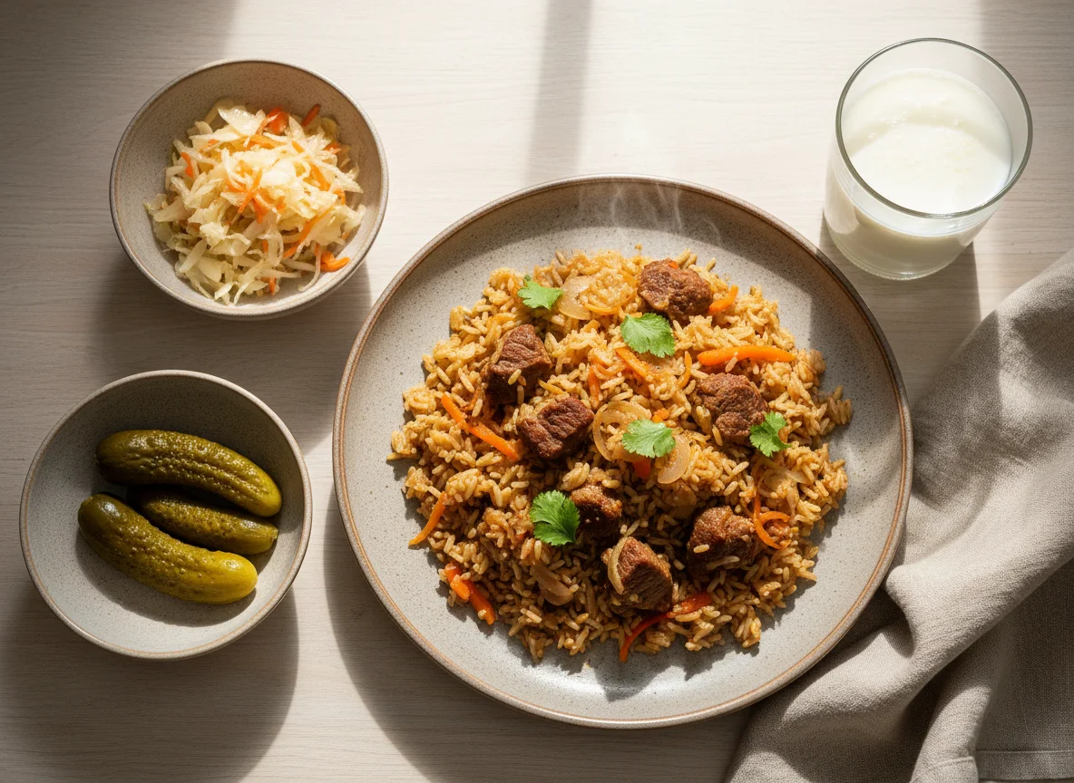 Плов с салатом и кефиром photo