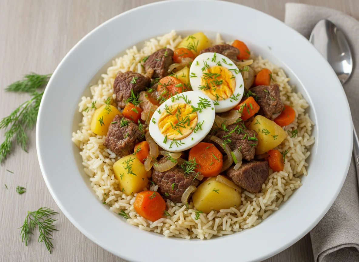 Плов с тушеным мясом и яйцом photo