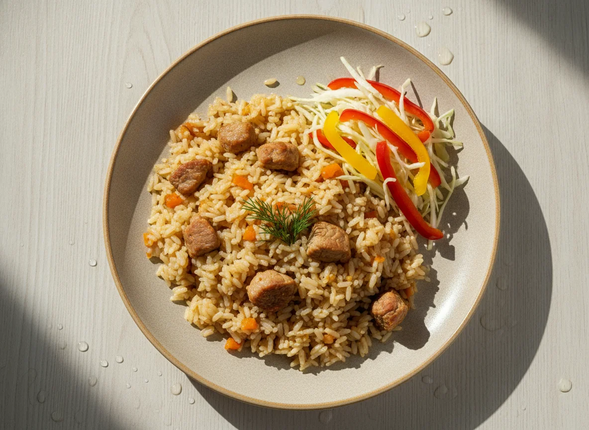 Плов со свининой и овощной салат photo