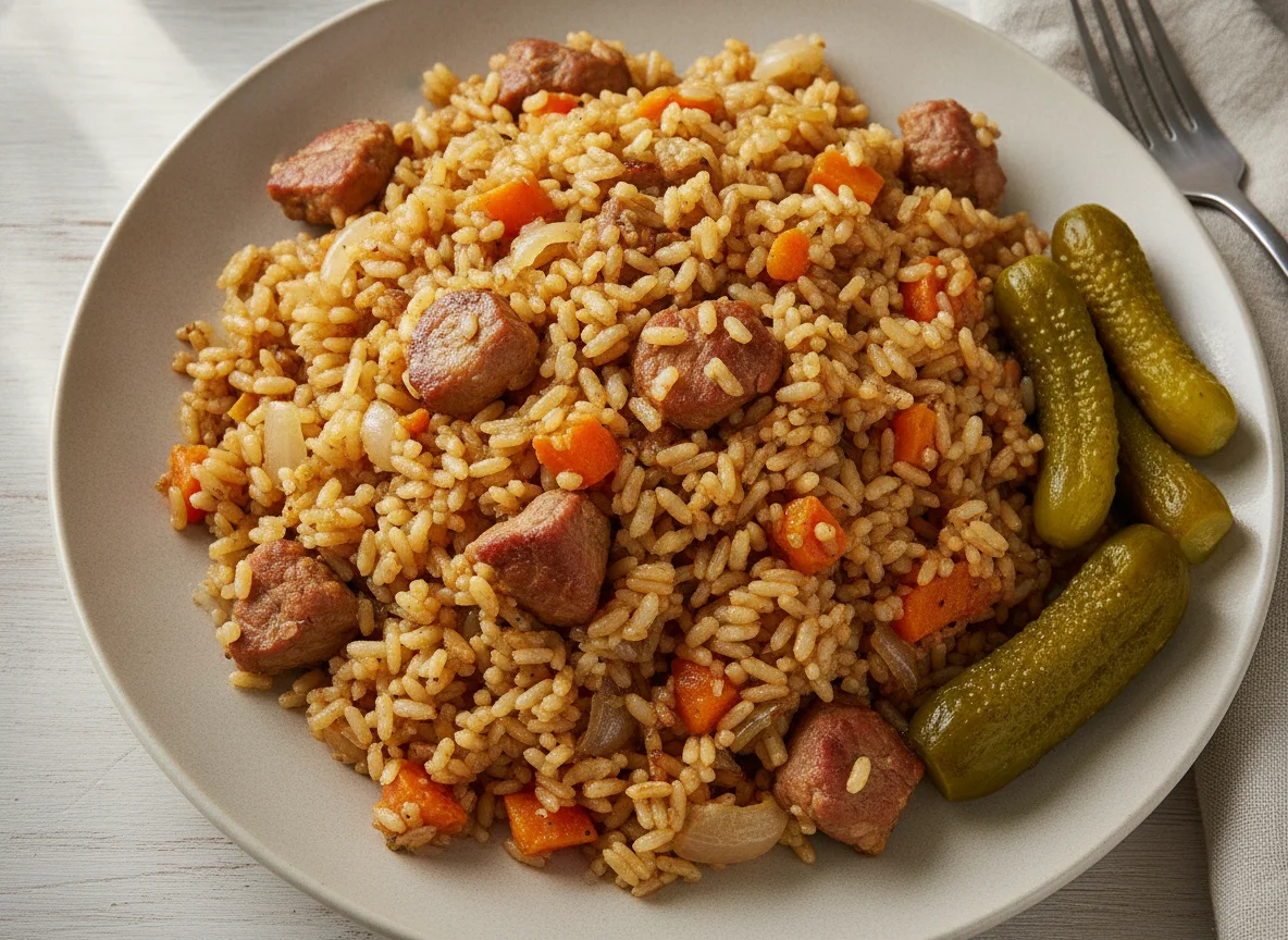 Плов со свининой и солеными огурцами photo