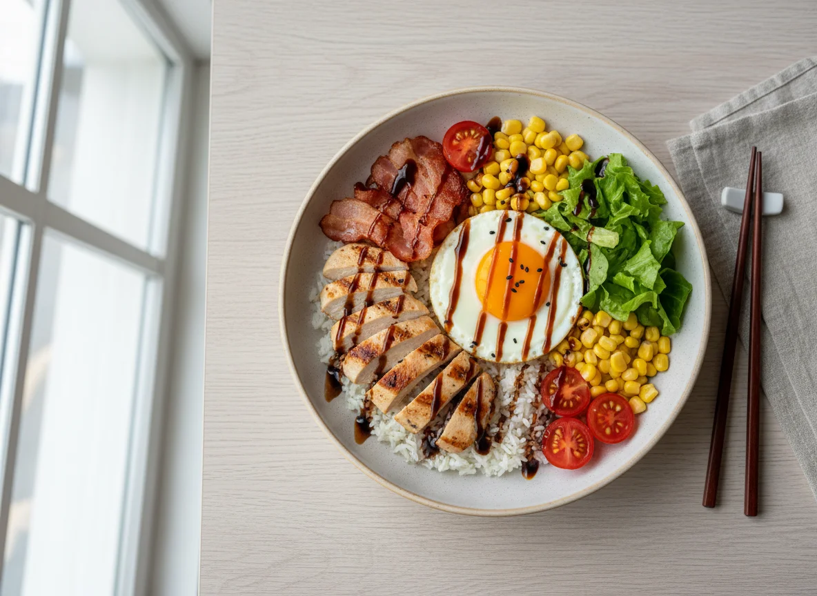 Поке-боул с курицей, беконом и яйцом photo