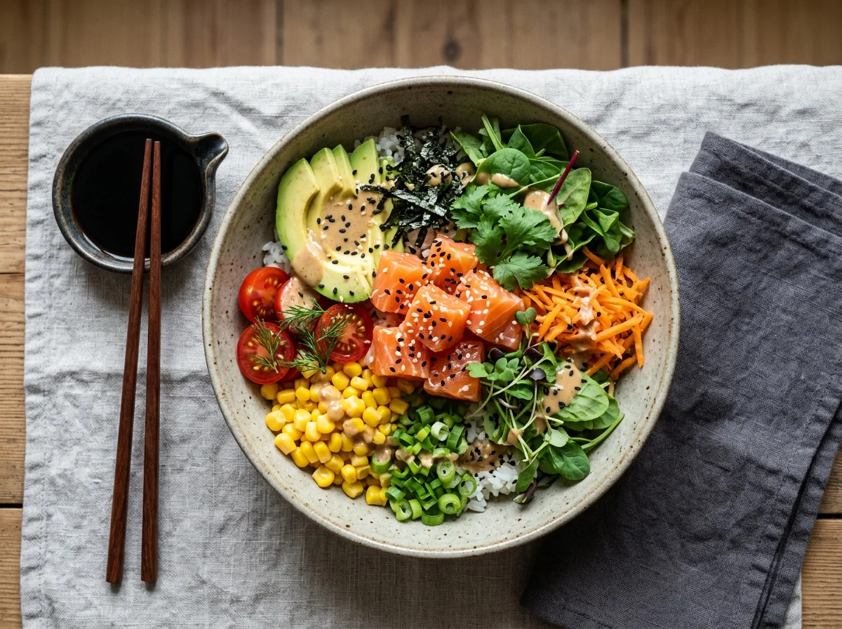 Поке-боул с лососем и овощами photo