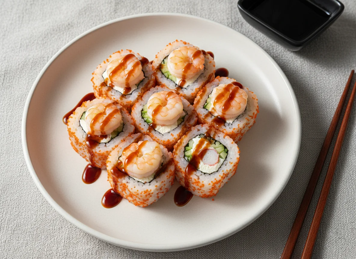 Прайм креветка с нежным крабом и унаги соусом photo