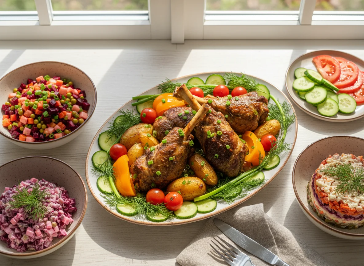 Праздничный стол с мясным блюдом и закусками photo