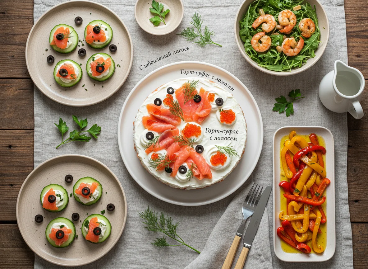 Праздничный стол с закусками photo