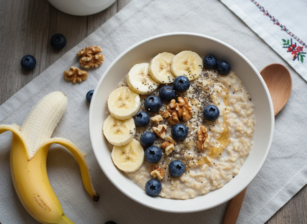 Протеиновый овсяный завтрак с бананом и ягодами photo