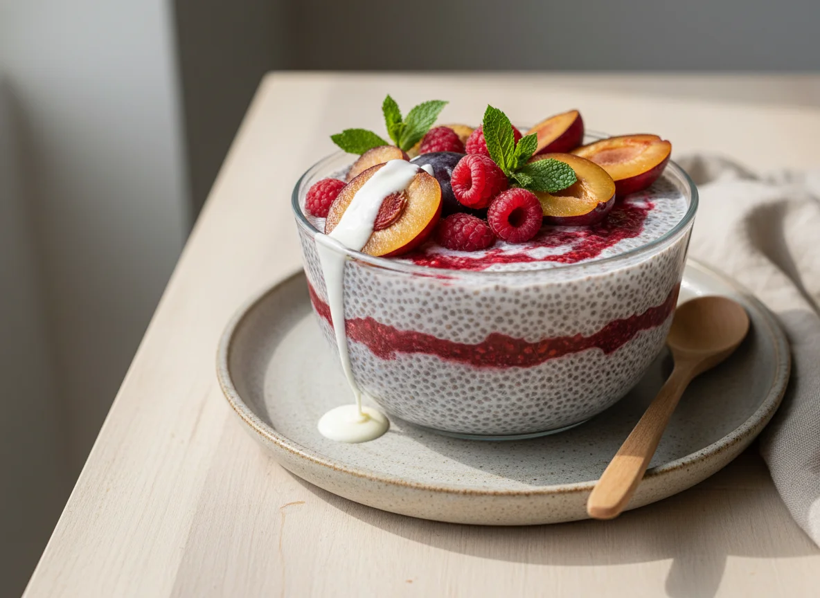 Пудинг с чиа и ягодами со сливами photo