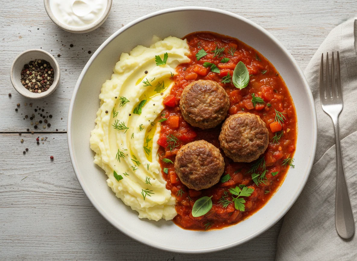 Пюре с фрикадельками в томатном соусе photo