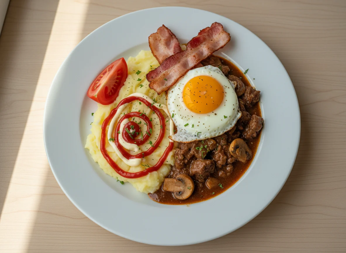 Пюре с говяжьим гуляшом, яйцом, беконом и овощами photo