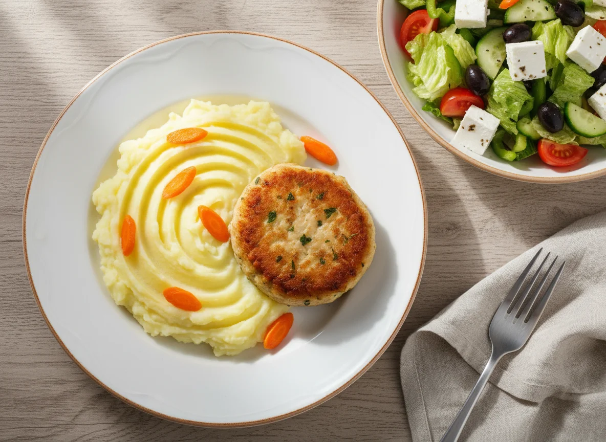 Пюре с котлетами и греческий салат photo